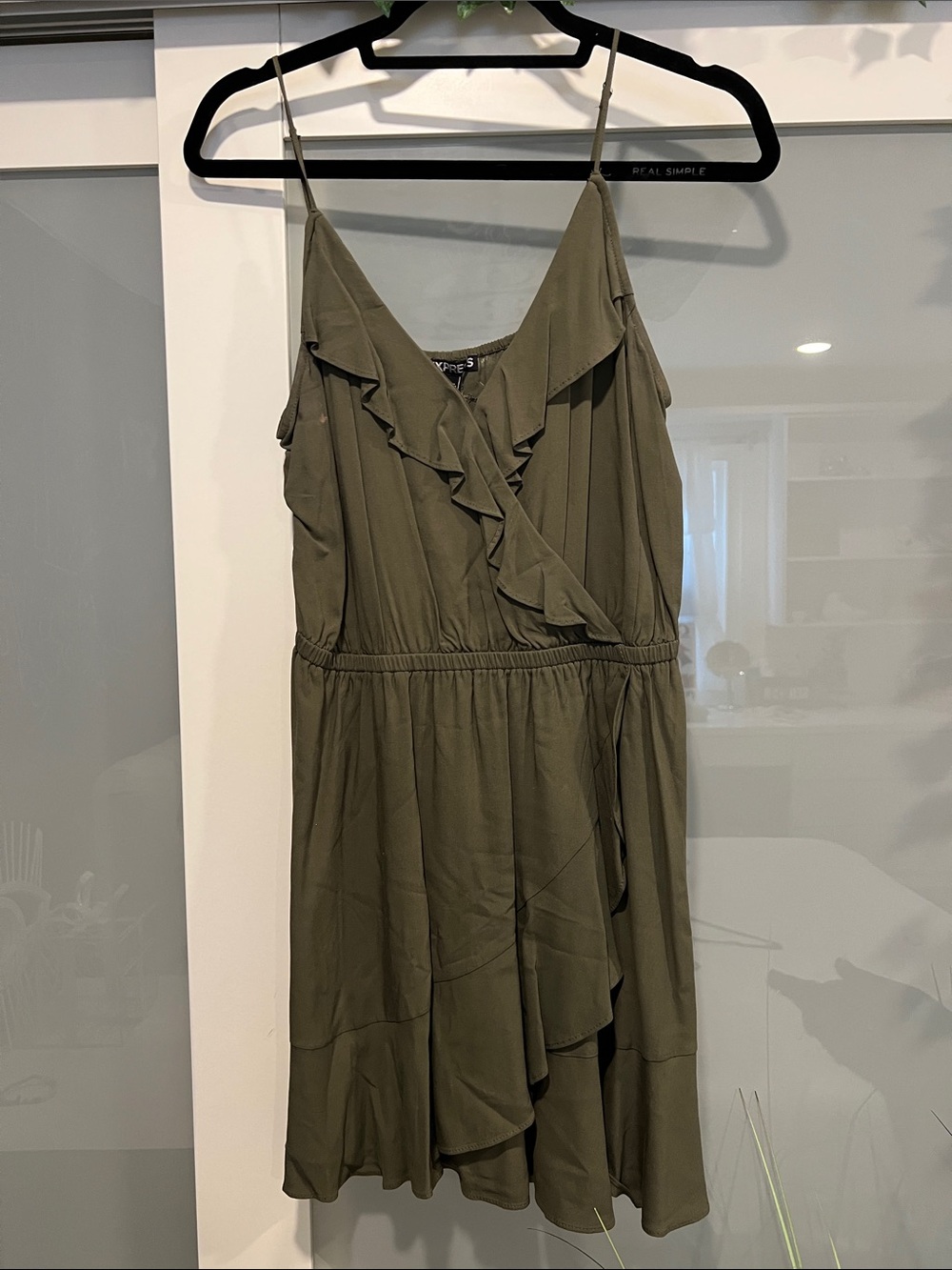 Express Olive Ruffle Wrap Mini Dress